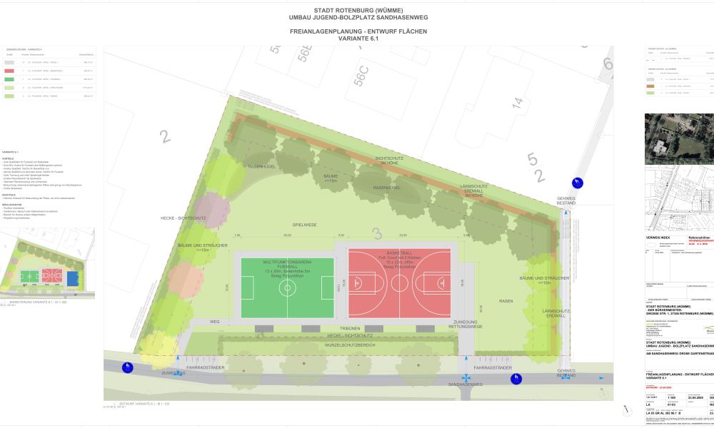 Blick auf die Planung mit Soccer Court, Basketballplatz und Lärmschutzwall