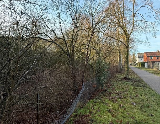 Die ehemalige Bahnstrecke am Sandhasenweg ist aktuell zugewachsen und abgezäunt - bietet sich hier Nachverdichtungspotenzial?